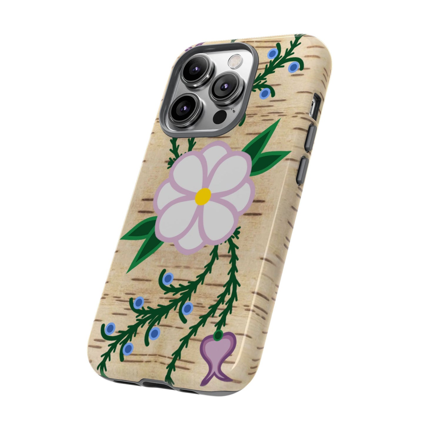 Birchbark Print Ojibwe Floral Tough Phone Cases - Black