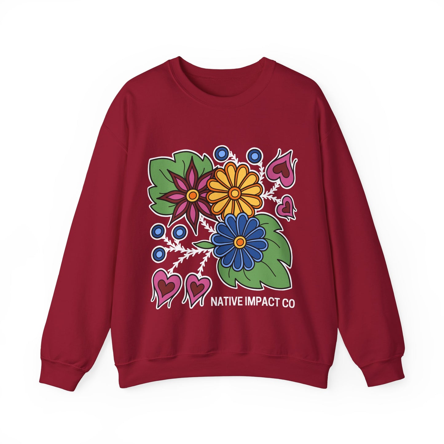 Hearts & Berries Contemporary Ojibwe Floral Design - Unisex Gildan Heavy Blend™ Crewneck Sweatshirt