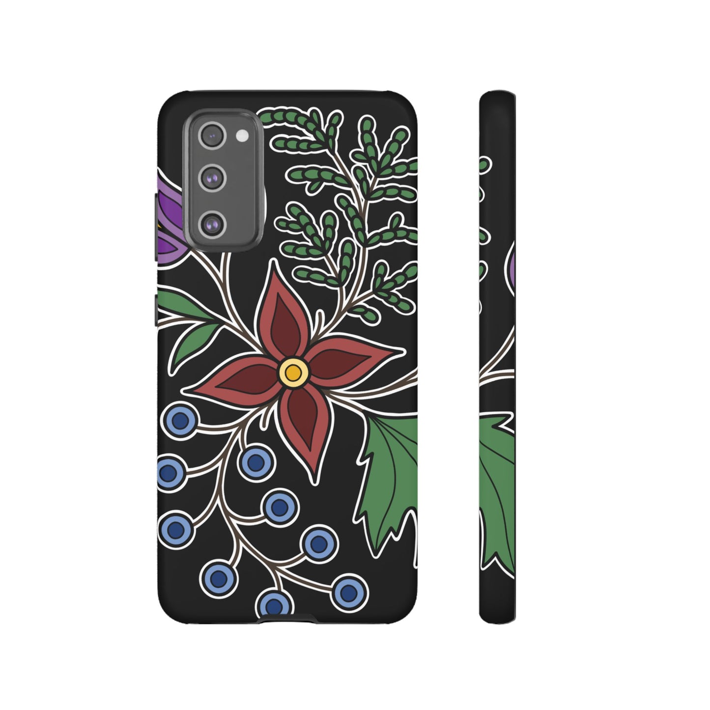 Giizhik (Cedar) & Miinan (Blueberries) Ojibwe Floral Tough Phone Cases - Black