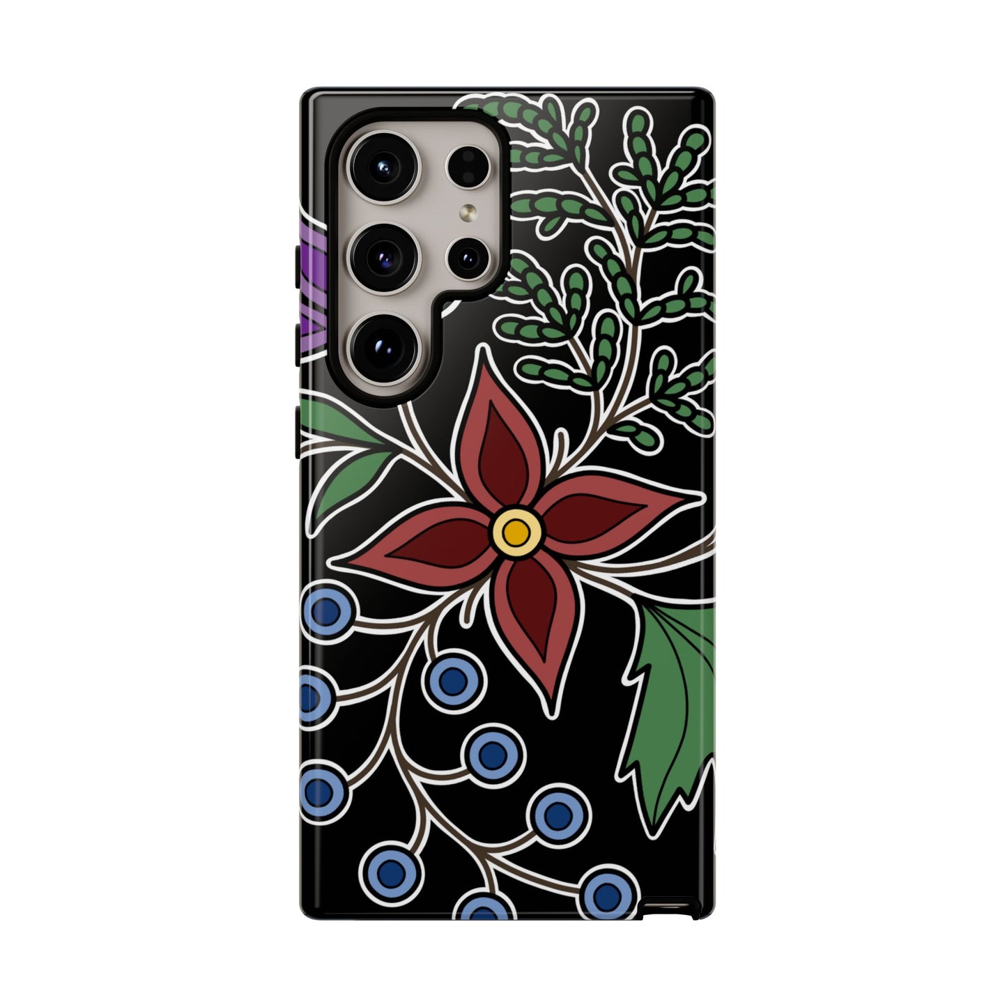 Giizhik (Cedar) & Miinan (Blueberries) Ojibwe Floral Tough Phone Cases - Black