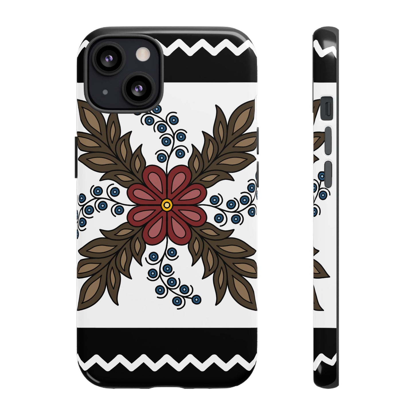 Traditional Style Ojibwe Floral Design With Zig-Zag Geometric Border Design - Tough Phone Cases - Black