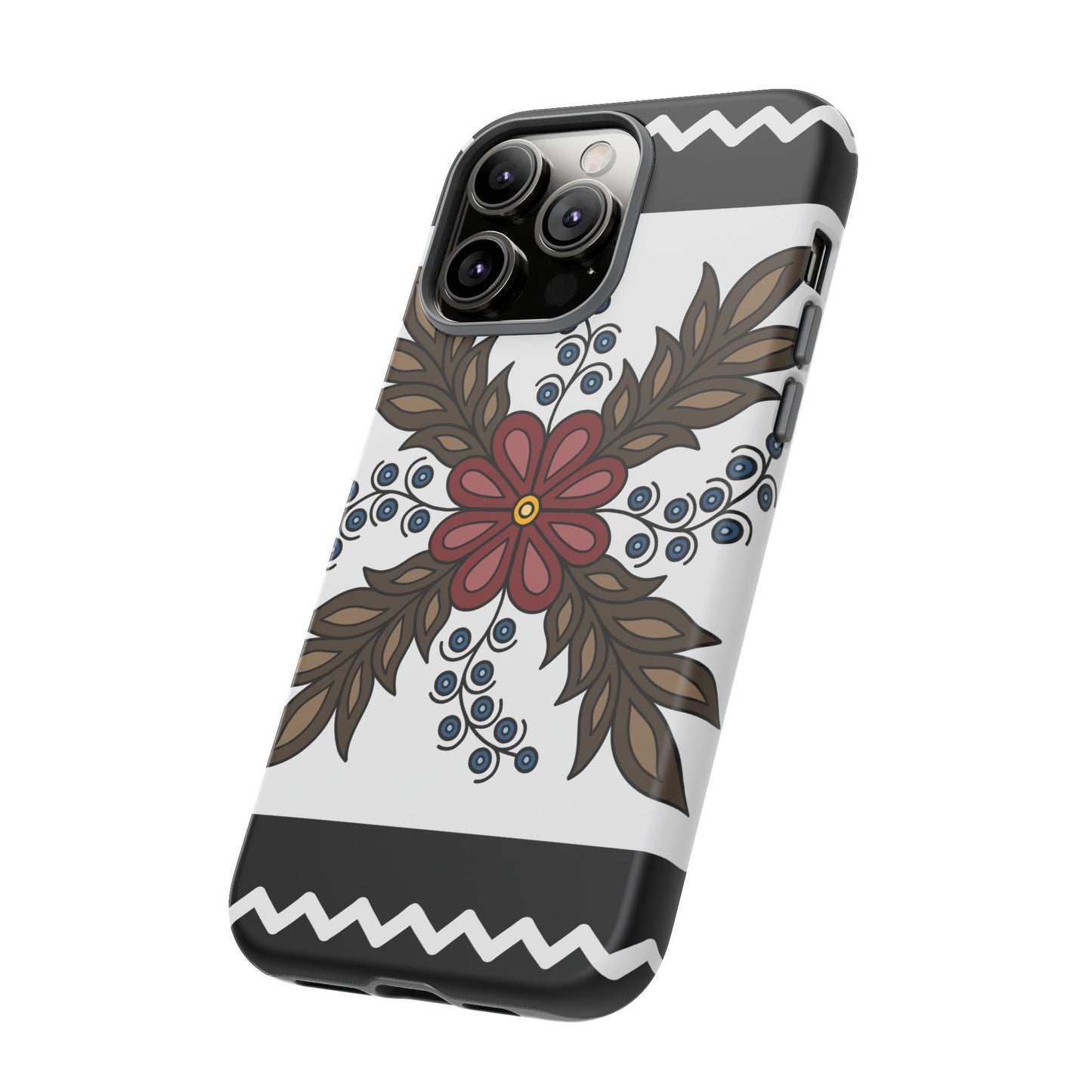 Traditional Style Ojibwe Floral Design With Zig-Zag Geometric Border Design - Tough Phone Cases - Black