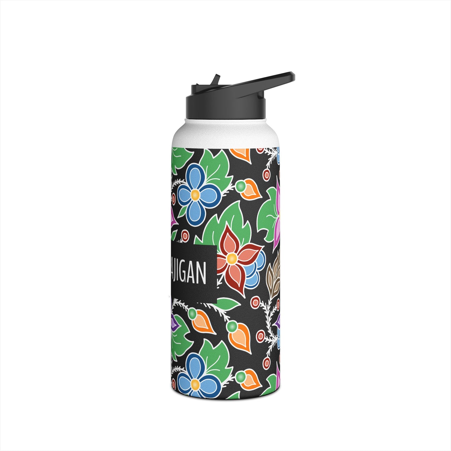 Minikwaajigan/Ojibwemowin For Water Bottle Text - Ojibwe Floral All-Over-Print Design - Stainless Steel Water Bottle, Standard Lid - Colorful