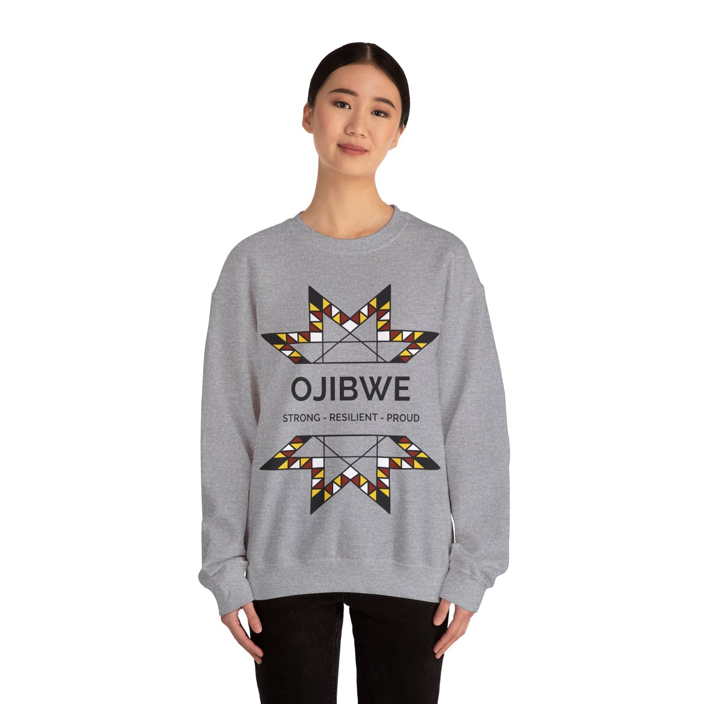 Ojibwe Pride Text & Geometric Star Design - Unisex Gildan Heavy Blend™ Crewneck Sweatshirt