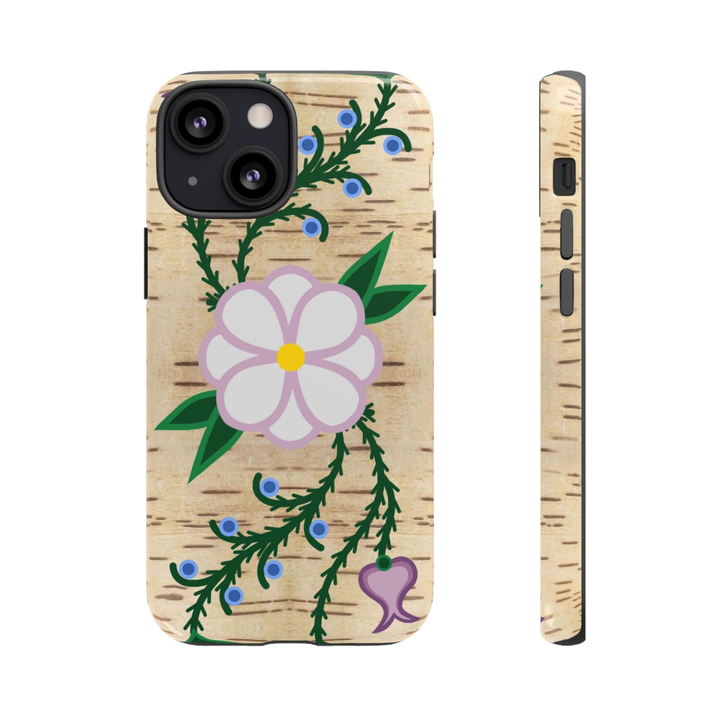 Birchbark Print Ojibwe Floral Tough Phone Cases - Black