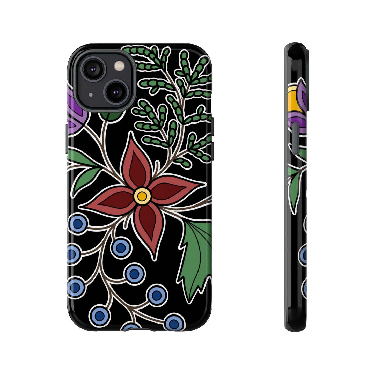 Giizhik (Cedar) & Miinan (Blueberries) Ojibwe Floral Tough Phone Cases - Black