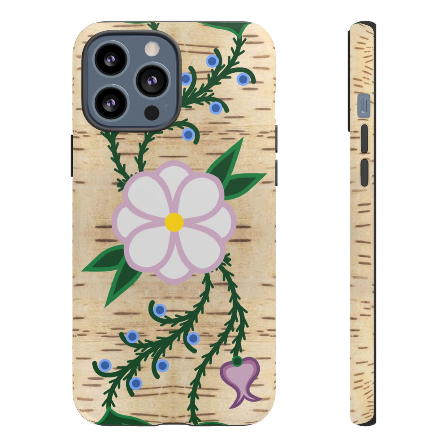 Birchbark Print Ojibwe Floral Tough Phone Cases - Black