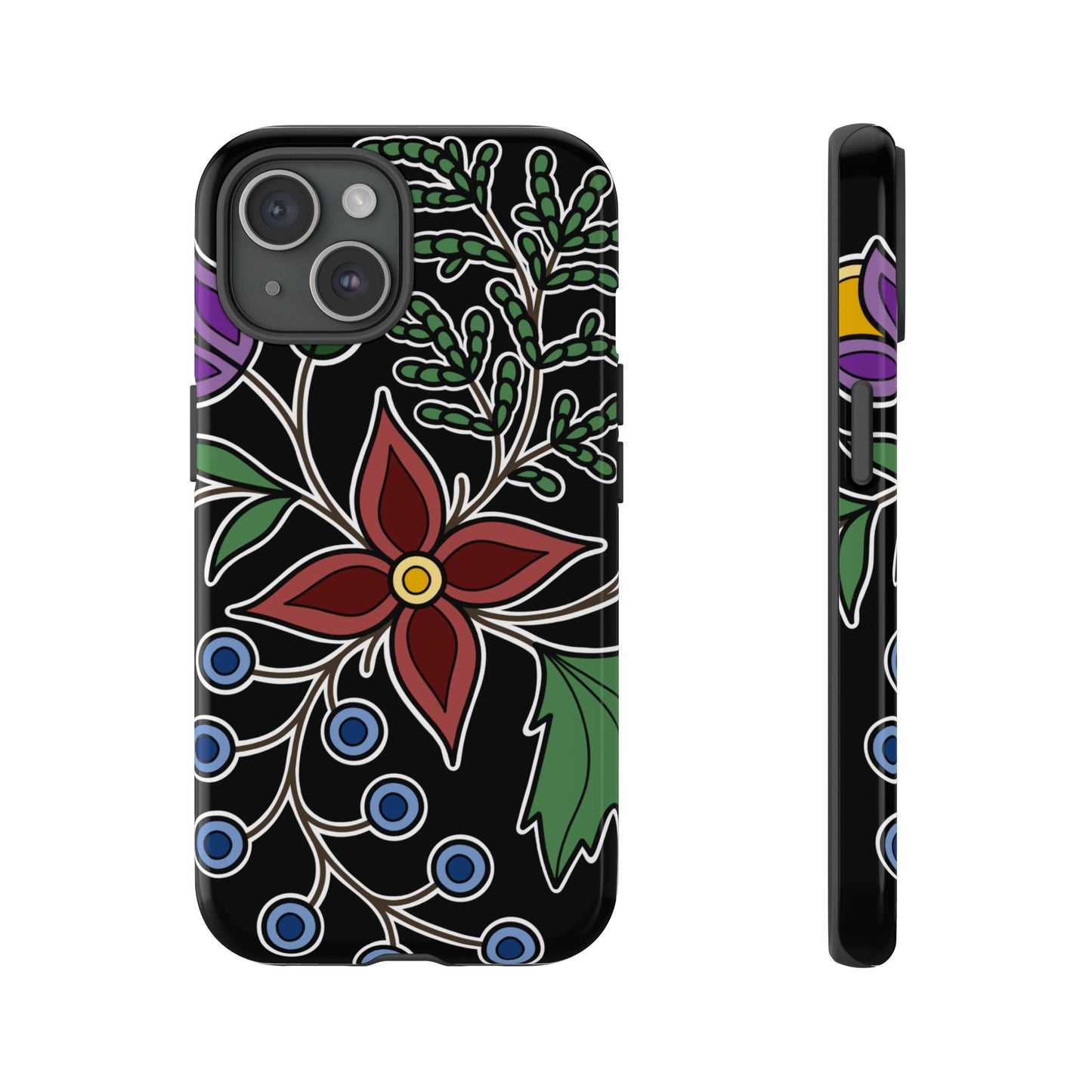 Giizhik (Cedar) & Miinan (Blueberries) Ojibwe Floral Tough Phone Cases - Black