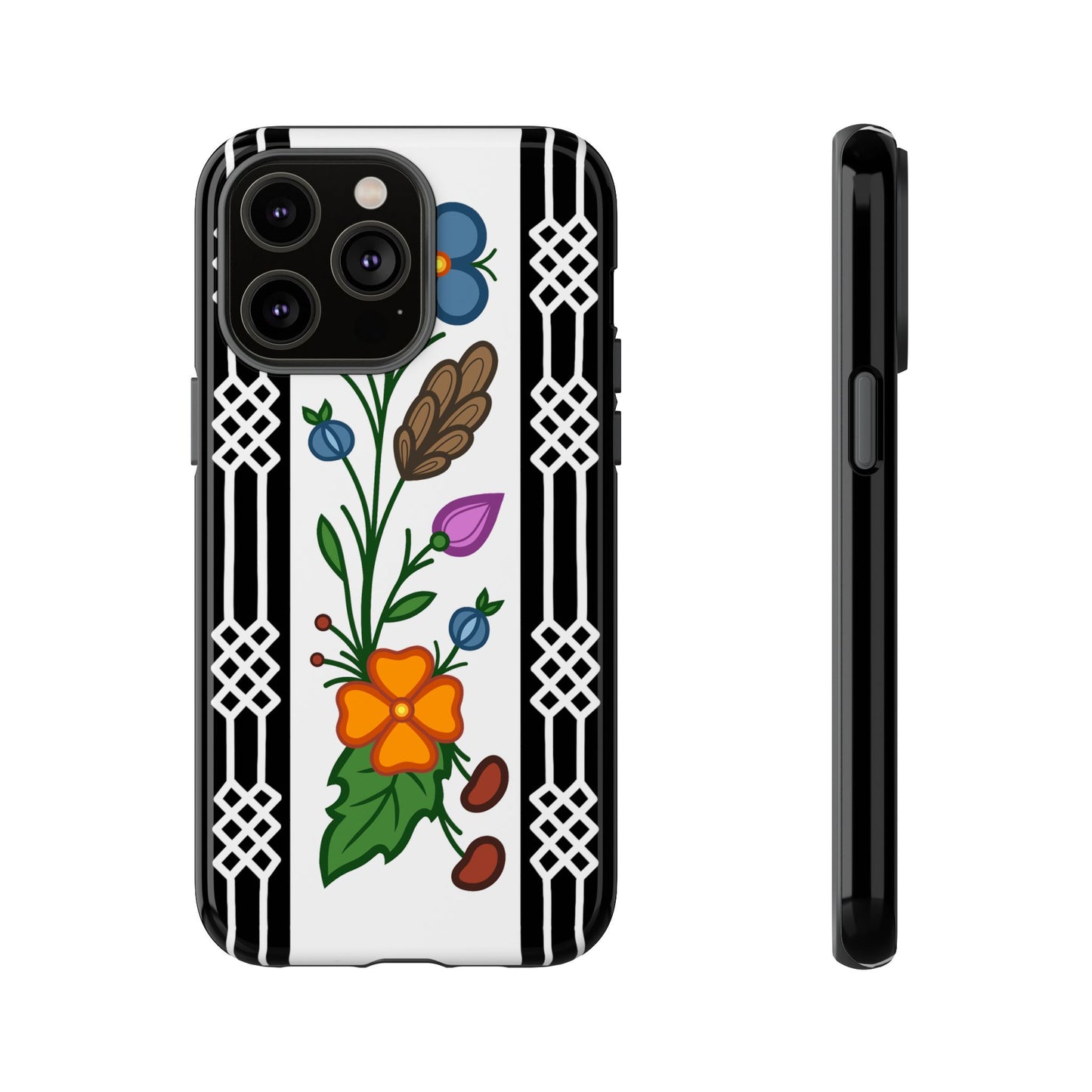 Ojibwe Floral Panel & Otter Track Geometric Border - Tough Phone Cases - Black