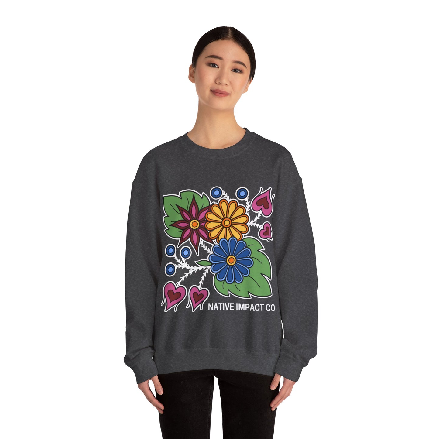 Hearts & Berries Contemporary Ojibwe Floral Design - Unisex Gildan Heavy Blend™ Crewneck Sweatshirt