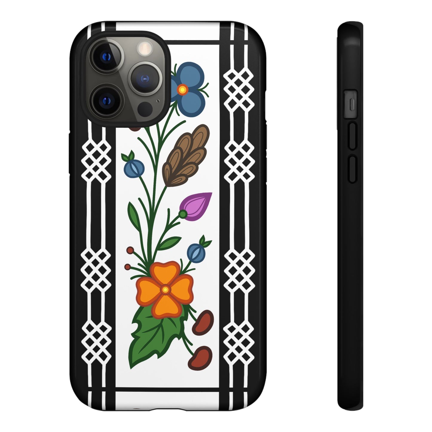 Ojibwe Floral Panel & Otter Track Geometric Border - Tough Phone Cases - Black