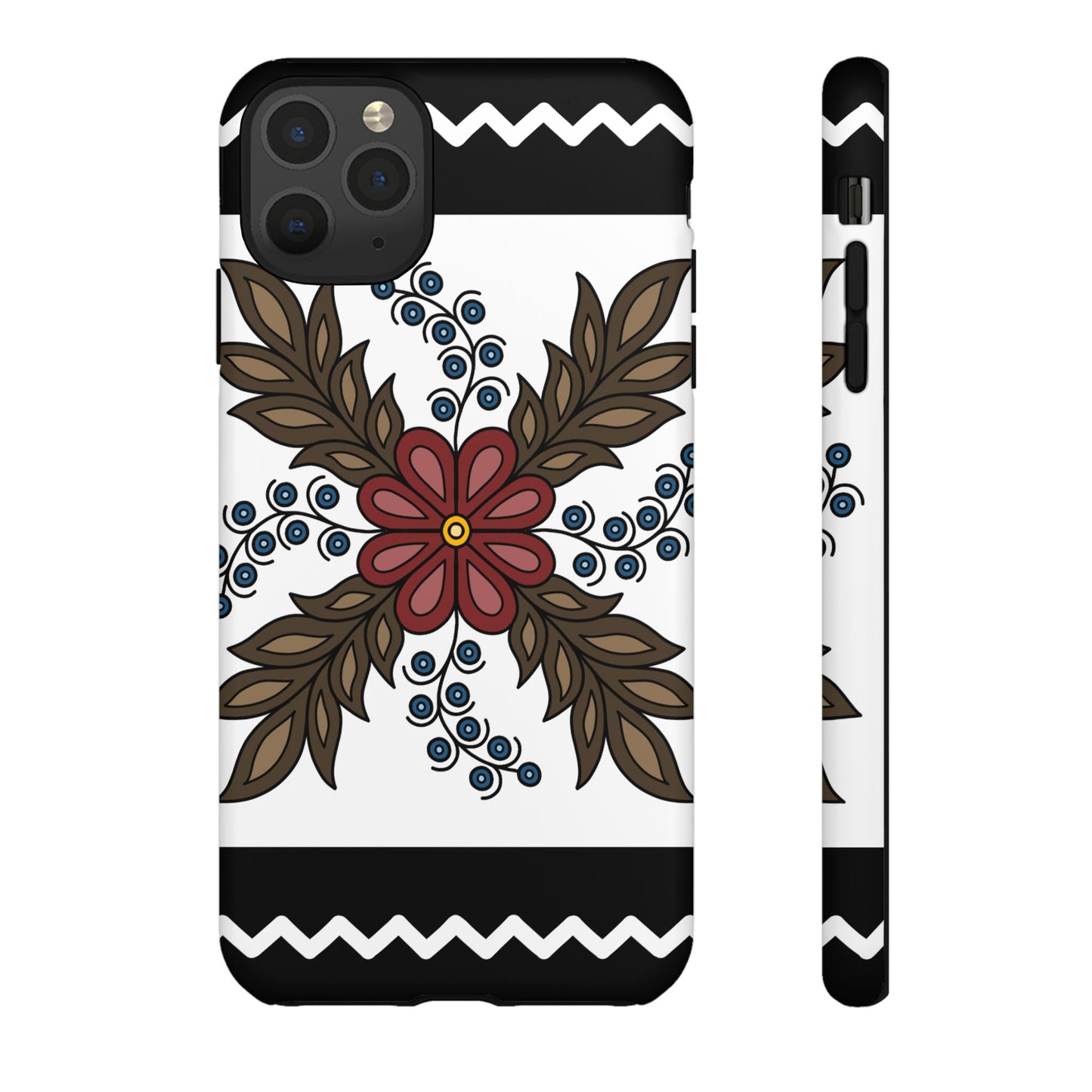 Traditional Style Ojibwe Floral Design With Zig-Zag Geometric Border Design - Tough Phone Cases - Black