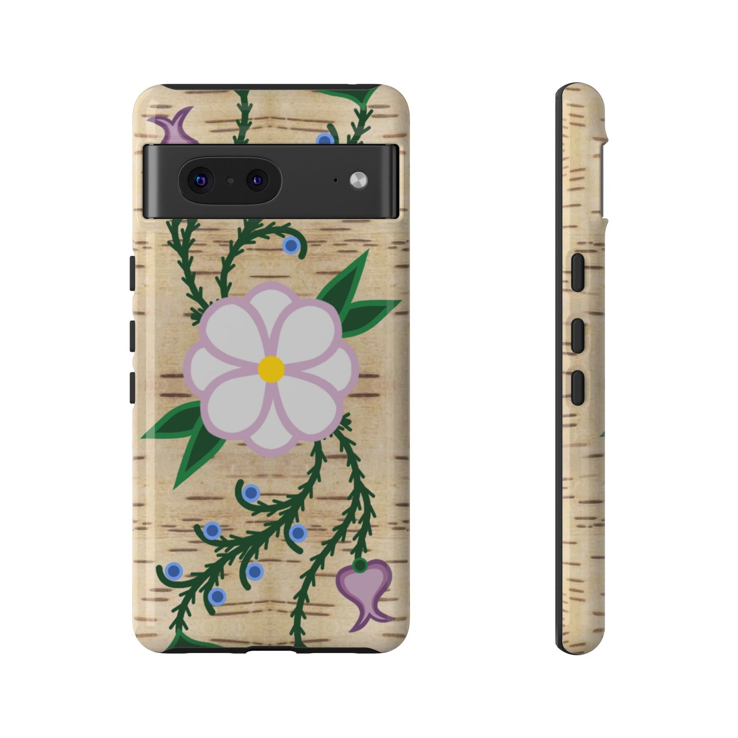 Birchbark Print Ojibwe Floral Tough Phone Cases - Black