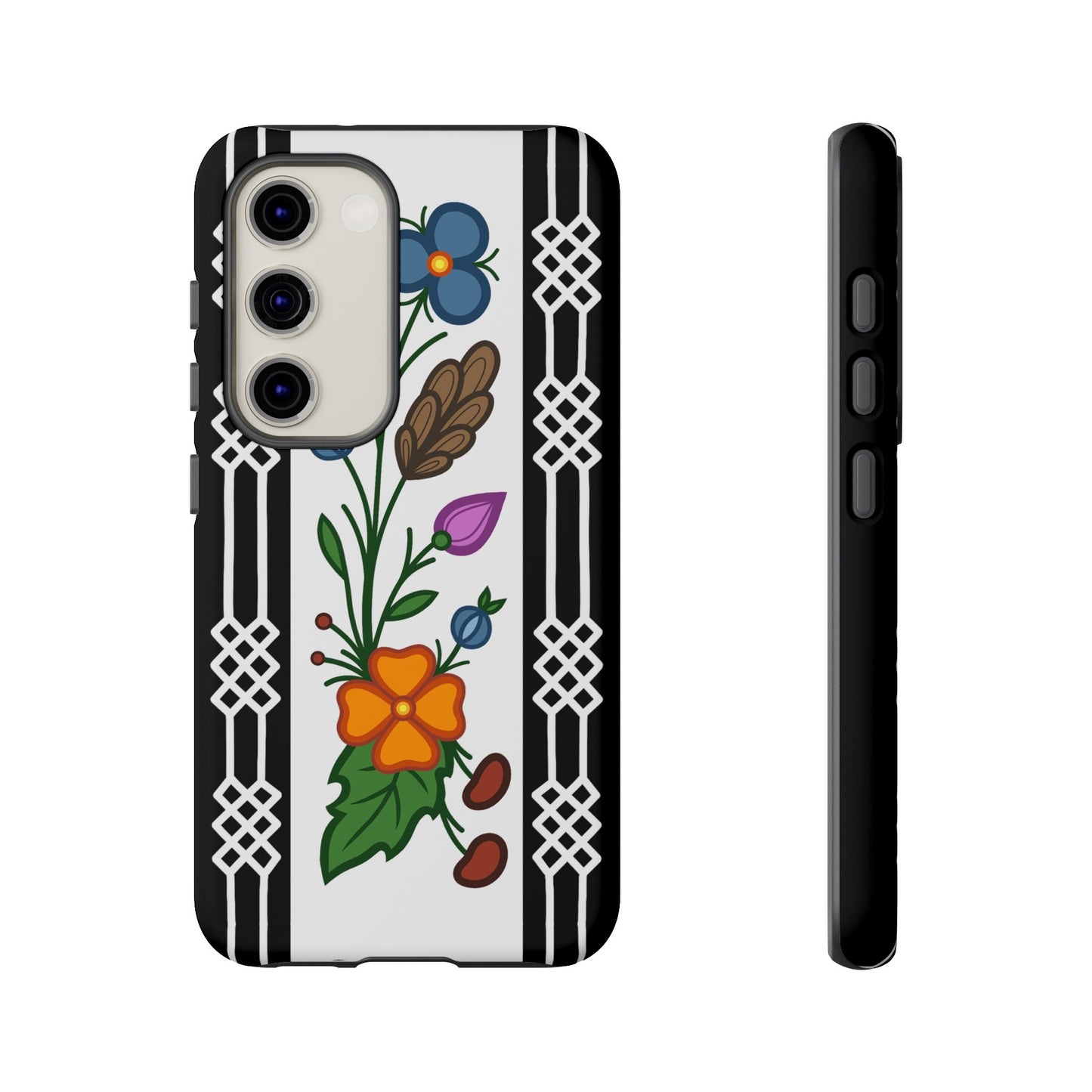 Ojibwe Floral Panel & Otter Track Geometric Border - Tough Phone Cases - Black