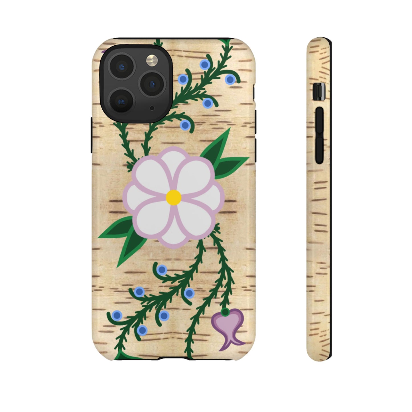 Birchbark Print Ojibwe Floral Tough Phone Cases - Black