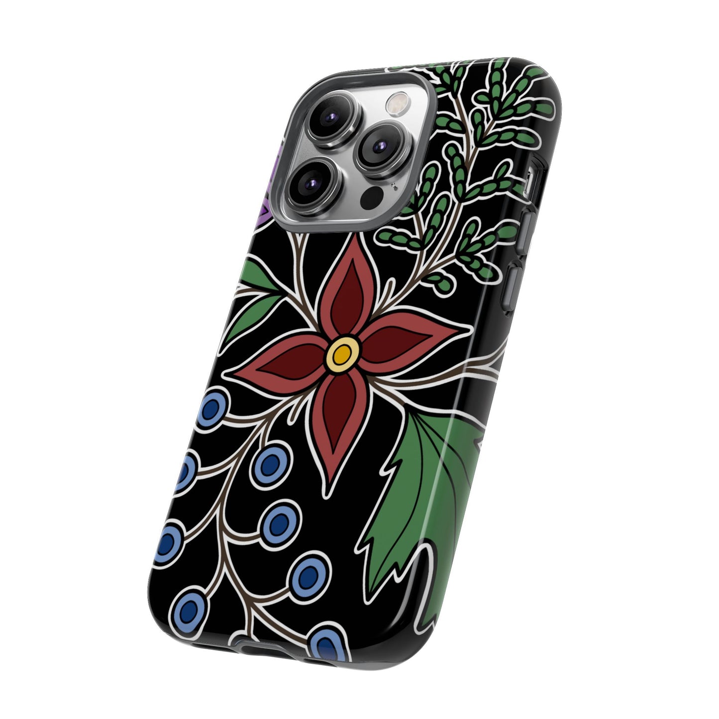 Giizhik (Cedar) & Miinan (Blueberries) Ojibwe Floral Tough Phone Cases - Black