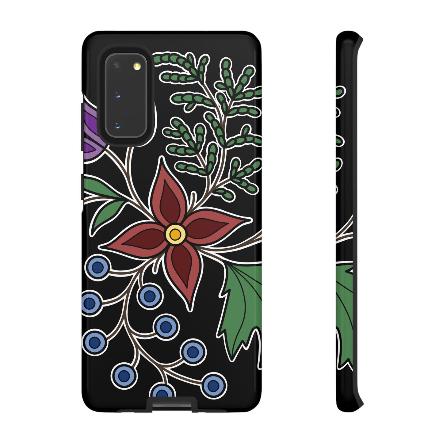 Giizhik (Cedar) & Miinan (Blueberries) Ojibwe Floral Tough Phone Cases - Black