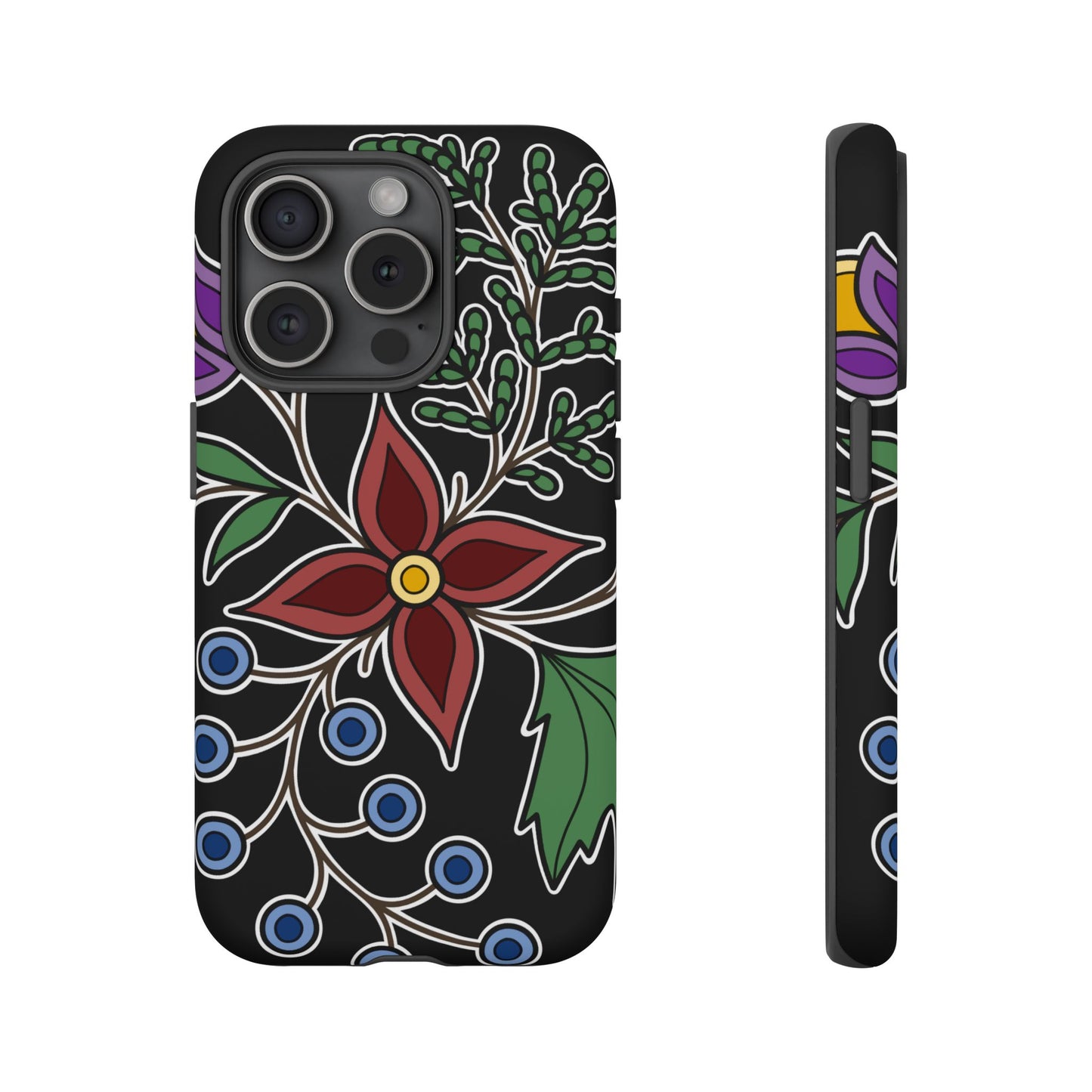 Giizhik (Cedar) & Miinan (Blueberries) Ojibwe Floral Tough Phone Cases - Black