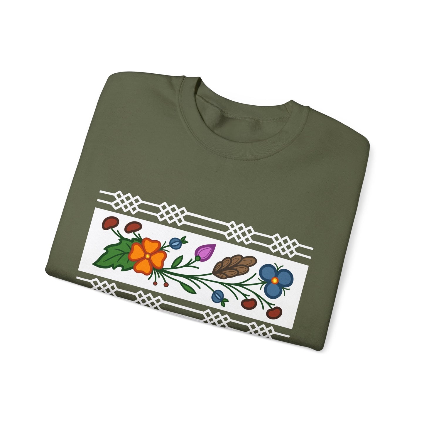 Ojibwe Floral Panel & Otter Track Border Design - Unisex Gildan Heavy Blend™ Crewneck Sweatshirt