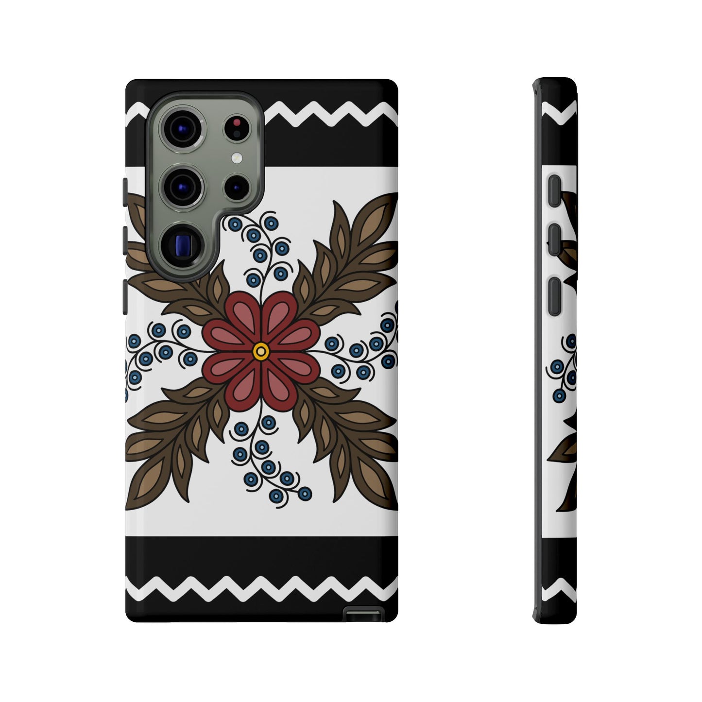 Traditional Style Ojibwe Floral Design With Zig-Zag Geometric Border Design - Tough Phone Cases - Black