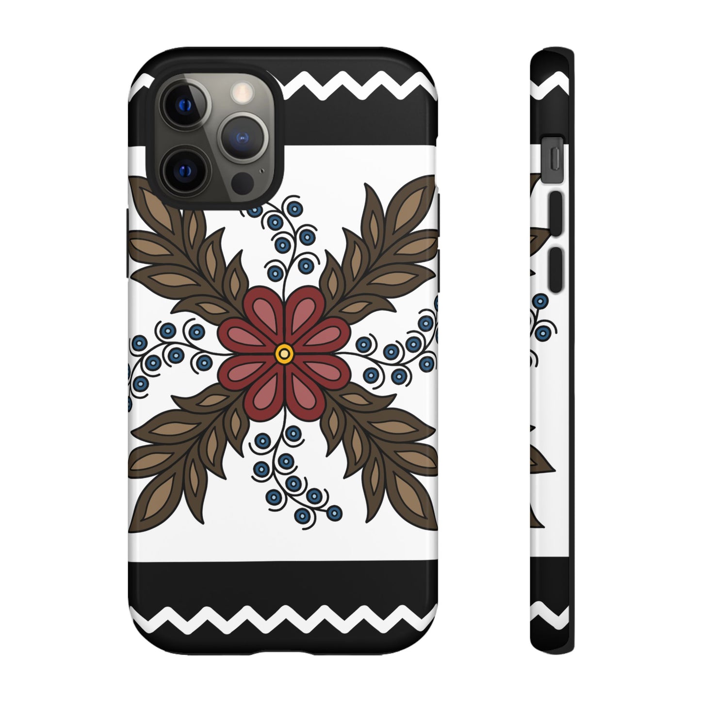 Traditional Style Ojibwe Floral Design With Zig-Zag Geometric Border Design - Tough Phone Cases - Black