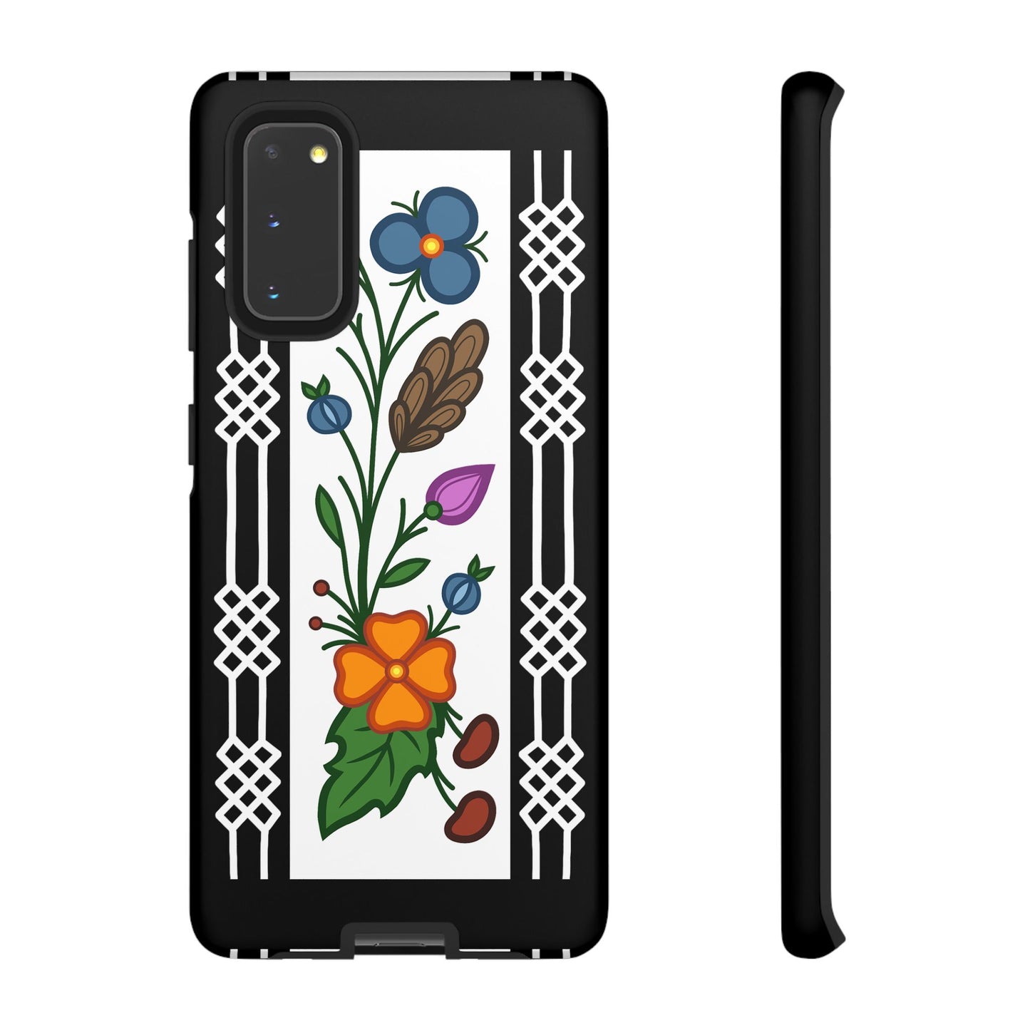 Ojibwe Floral Panel & Otter Track Geometric Border - Tough Phone Cases - Black