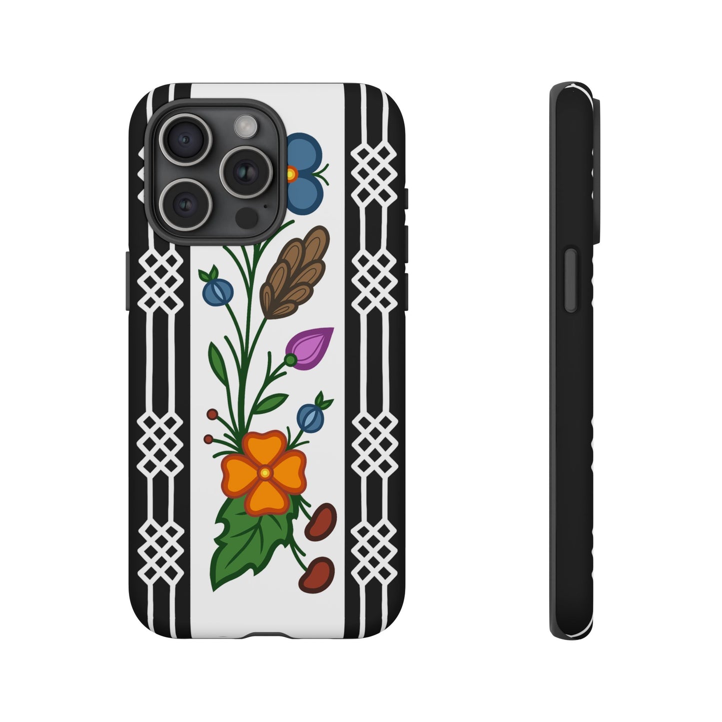 Ojibwe Floral Panel & Otter Track Geometric Border - Tough Phone Cases - Black