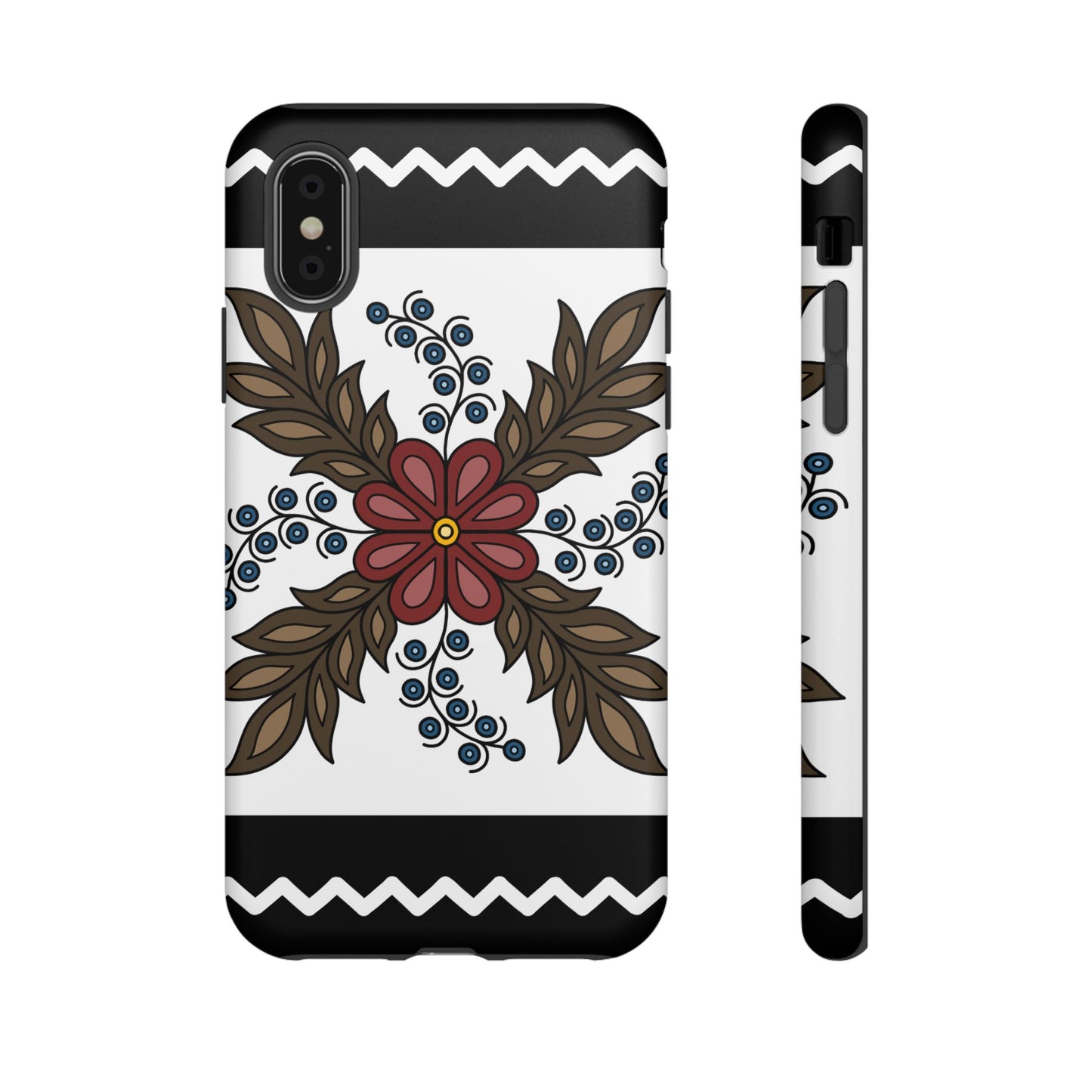 Traditional Style Ojibwe Floral Design With Zig-Zag Geometric Border Design - Tough Phone Cases - Black