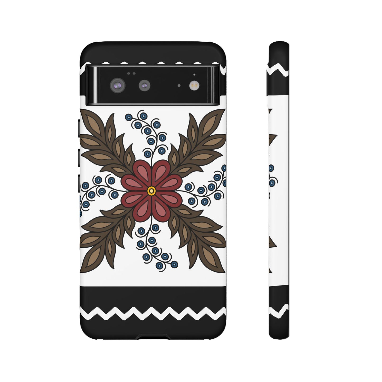 Traditional Style Ojibwe Floral Design With Zig-Zag Geometric Border Design - Tough Phone Cases - Black