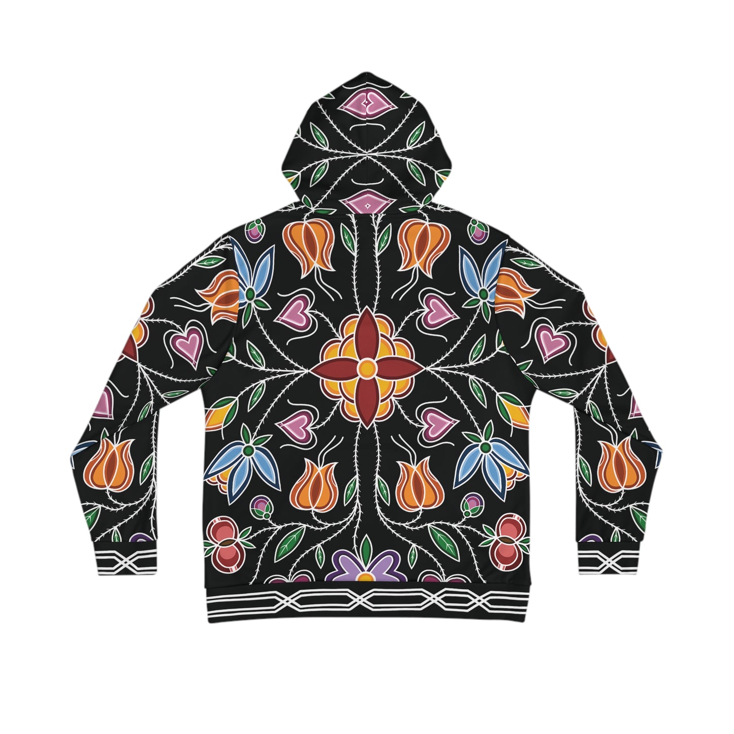 Aazhooningwa’on (bandolier bag) Inspired, Woodland Ojibwe Floral Panel Design with Otter Track Border Design - Unisex Hoodie