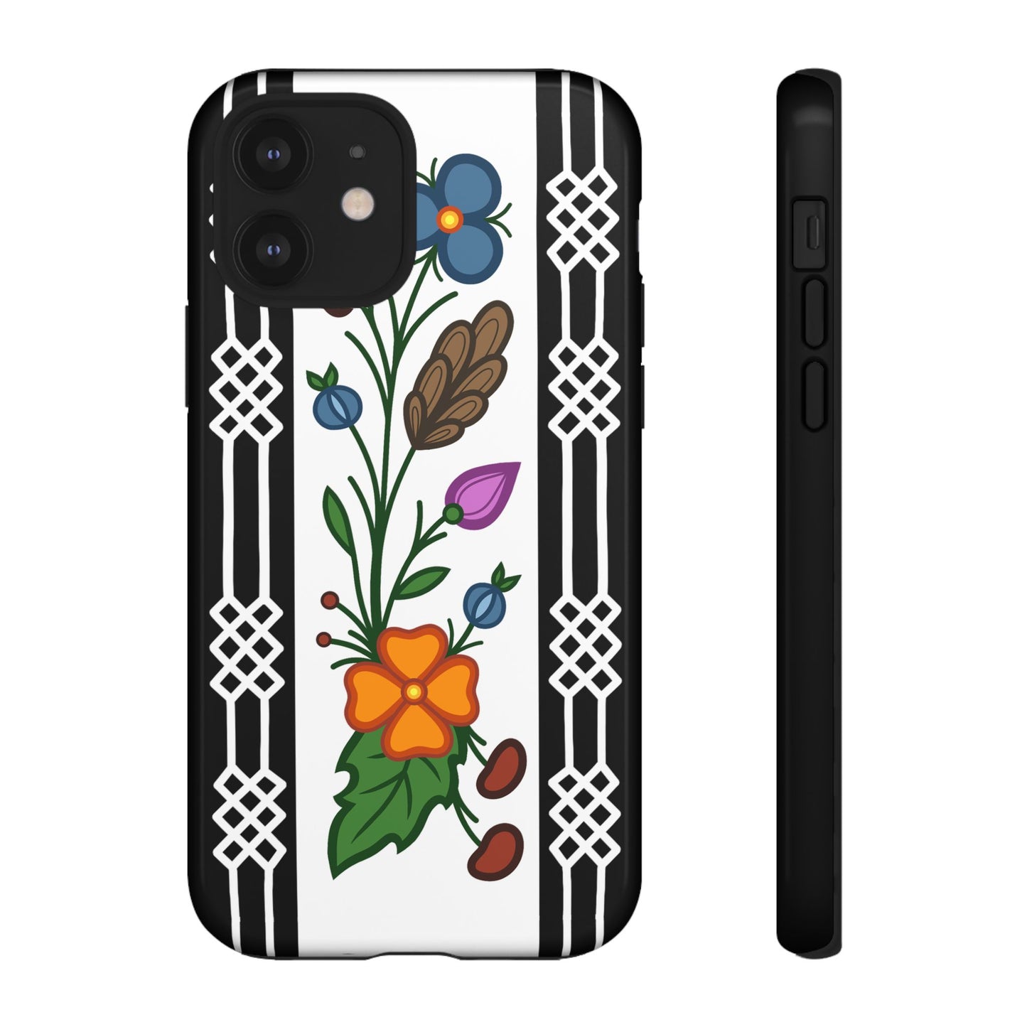 Ojibwe Floral Panel & Otter Track Geometric Border - Tough Phone Cases - Black