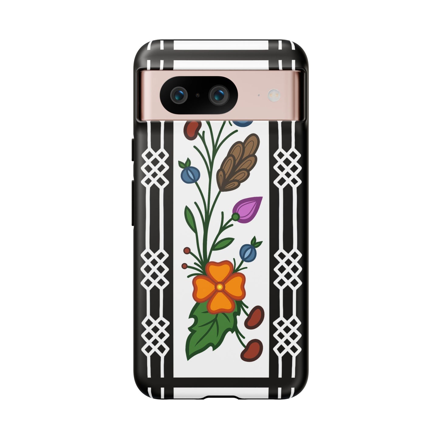 Ojibwe Floral Panel & Otter Track Geometric Border - Tough Phone Cases - Black