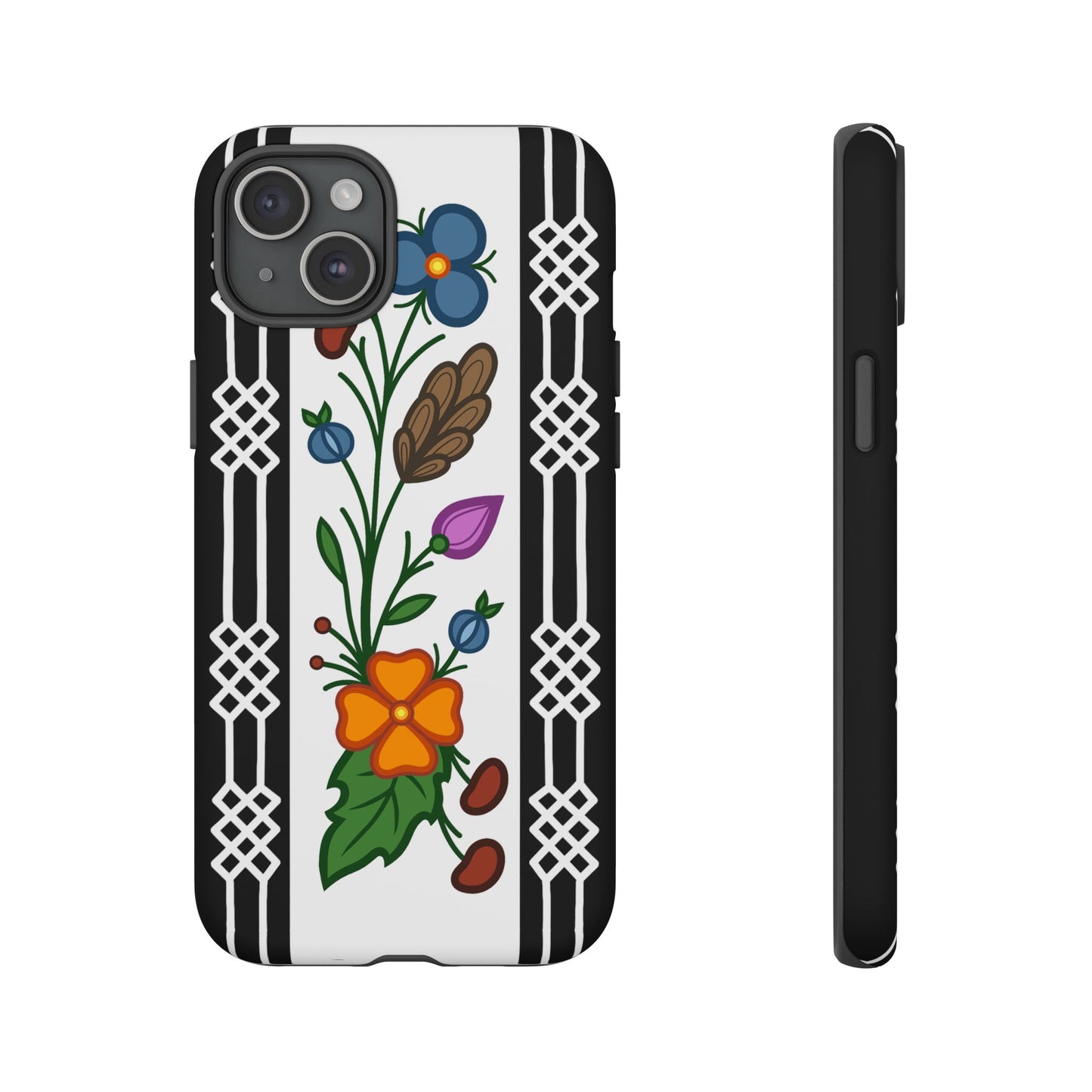 Ojibwe Floral Panel & Otter Track Geometric Border - Tough Phone Cases - Black