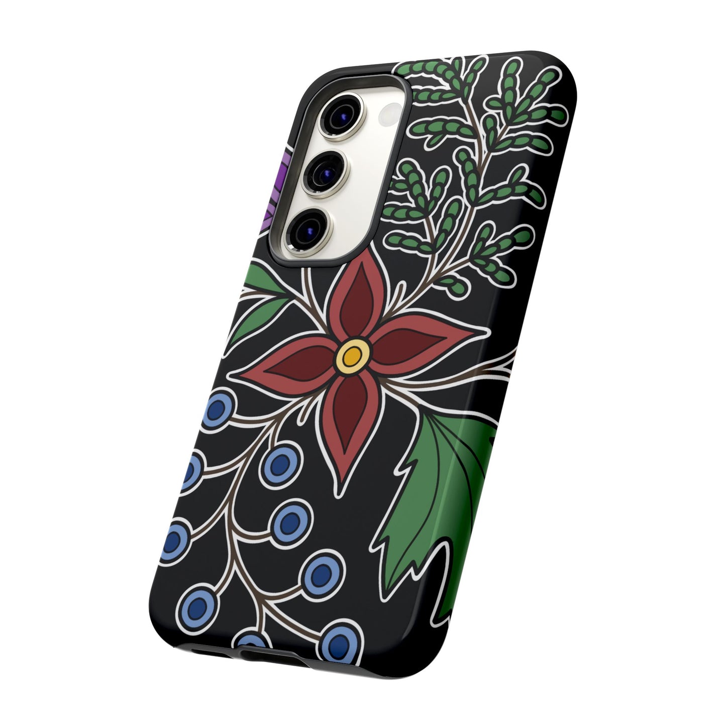 Giizhik (Cedar) & Miinan (Blueberries) Ojibwe Floral Tough Phone Cases - Black