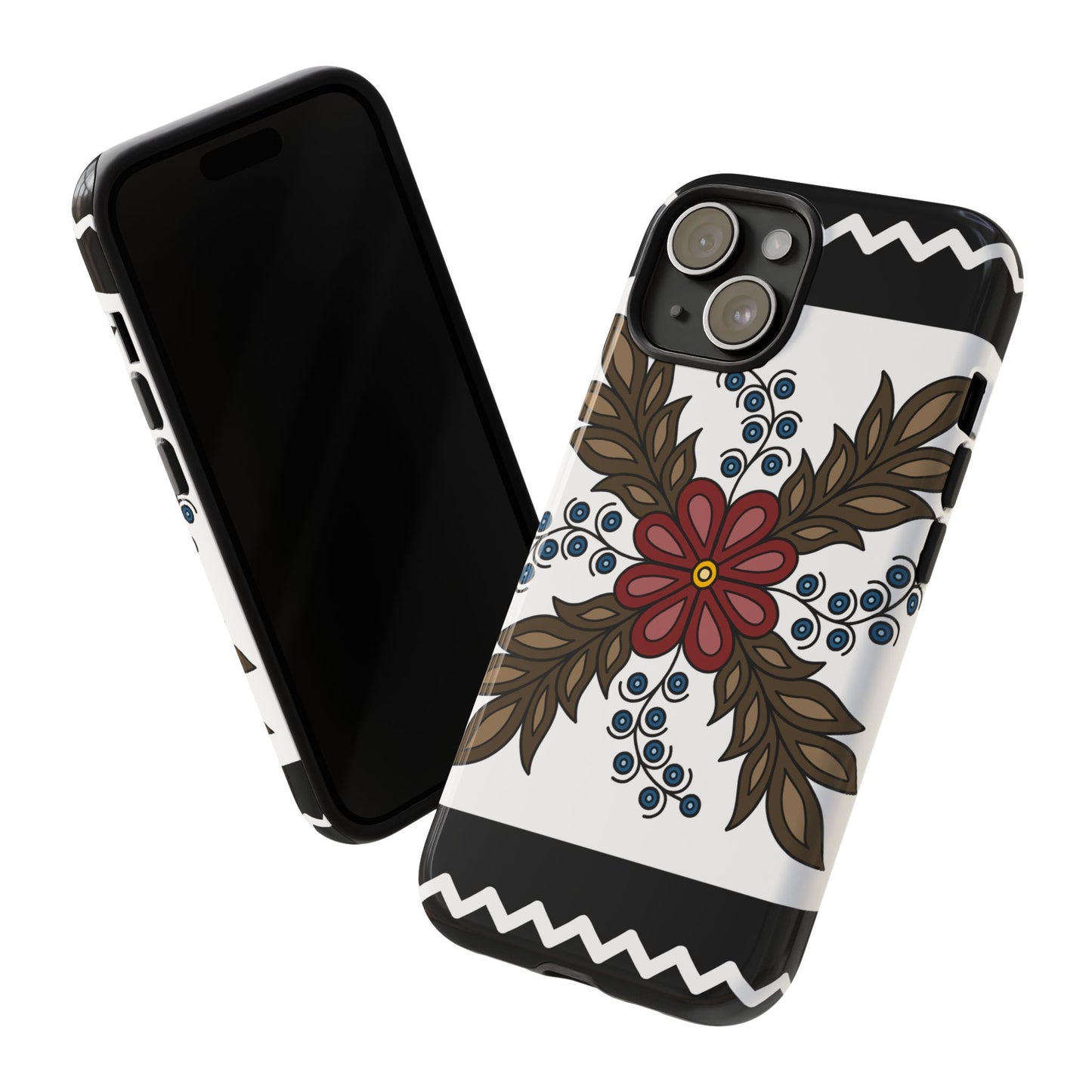 Traditional Style Ojibwe Floral Design With Zig-Zag Geometric Border Design - Tough Phone Cases - Black