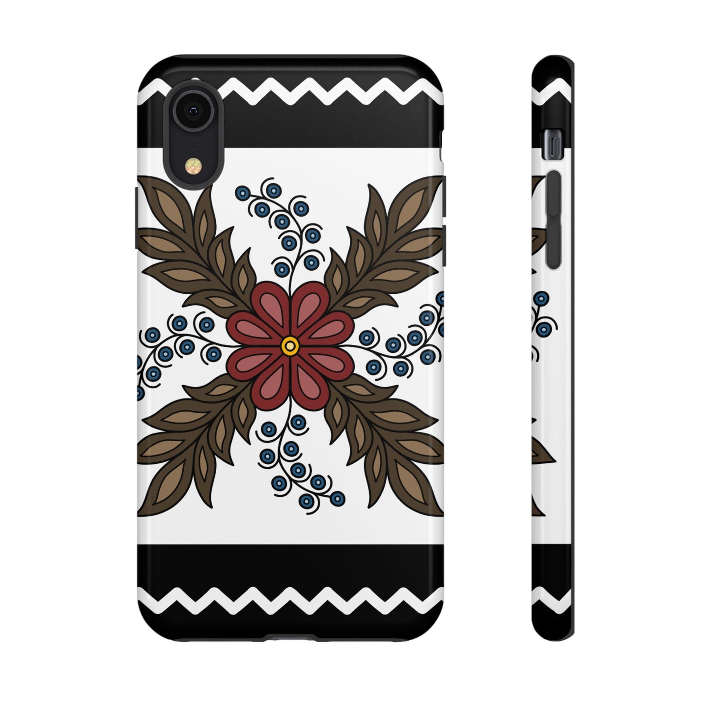 Traditional Style Ojibwe Floral Design With Zig-Zag Geometric Border Design - Tough Phone Cases - Black