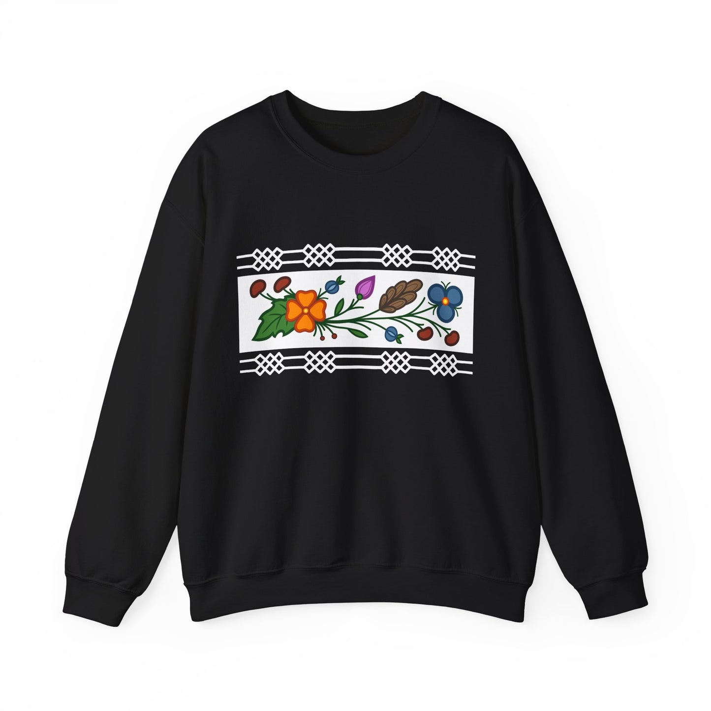 Ojibwe Floral Panel & Otter Track Border Design - Unisex Gildan Heavy Blend™ Crewneck Sweatshirt