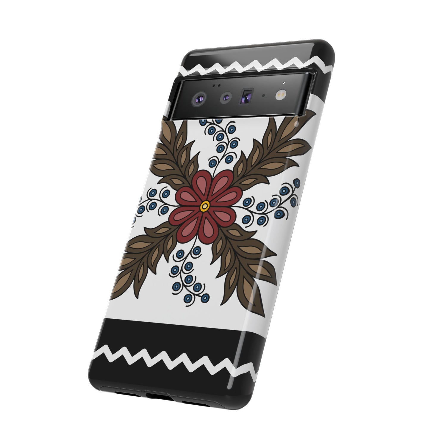 Traditional Style Ojibwe Floral Design With Zig-Zag Geometric Border Design - Tough Phone Cases - Black