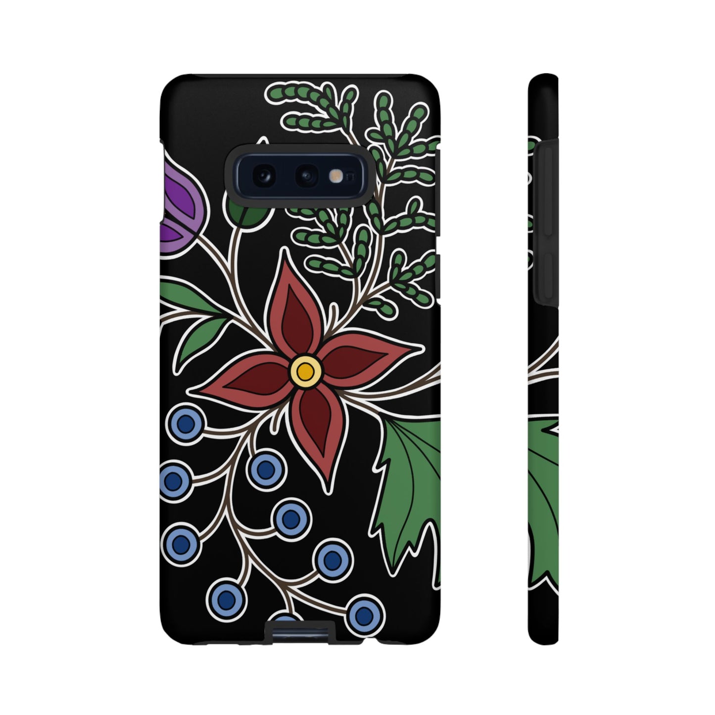 Giizhik (Cedar) & Miinan (Blueberries) Ojibwe Floral Tough Phone Cases - Black