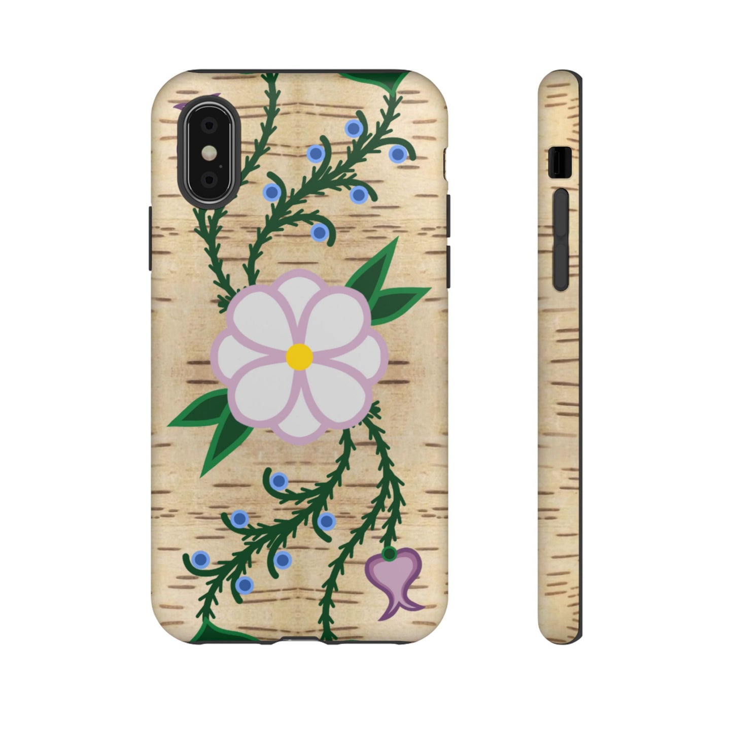 Birchbark Print Ojibwe Floral Tough Phone Cases - Black