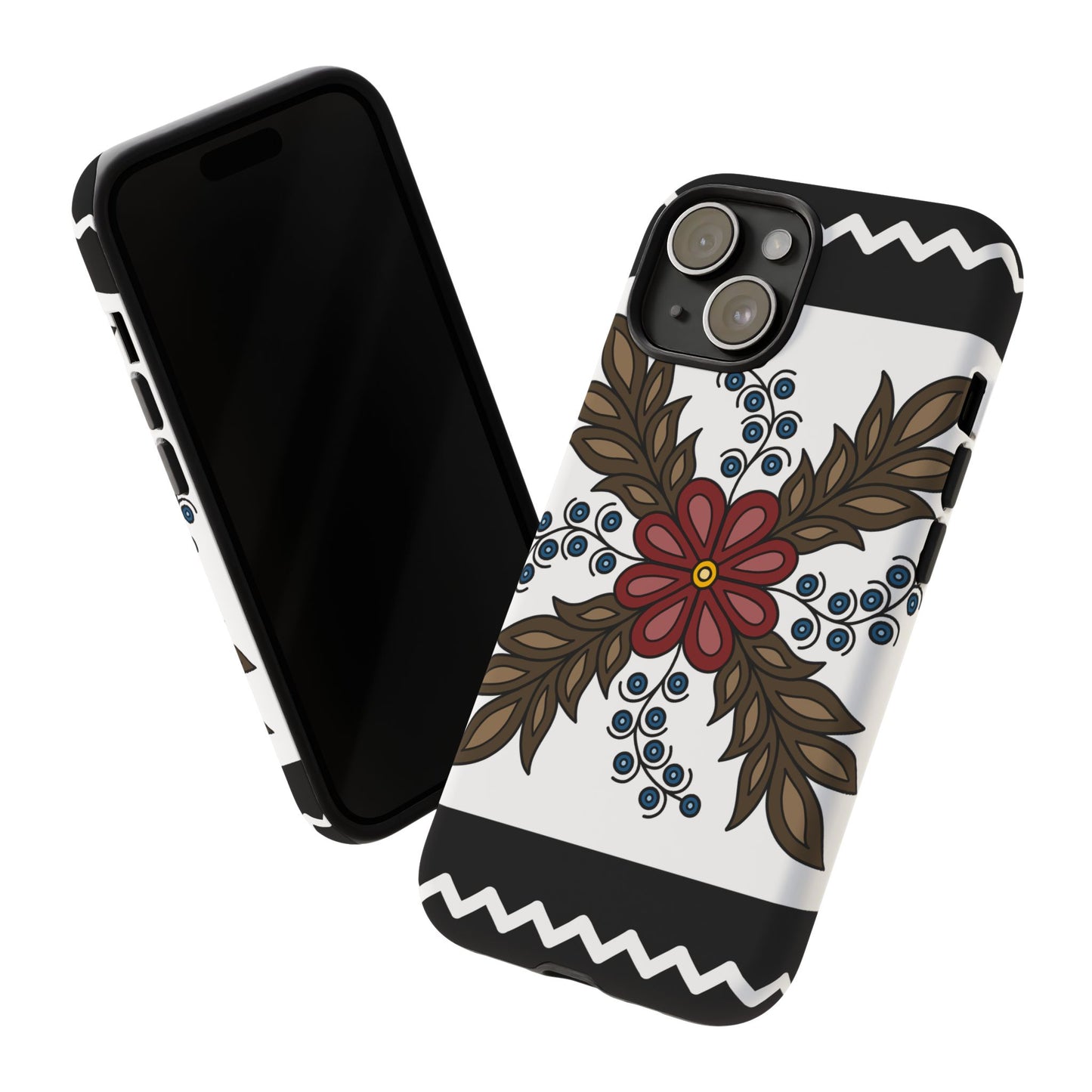 Traditional Style Ojibwe Floral Design With Zig-Zag Geometric Border Design - Tough Phone Cases - Black