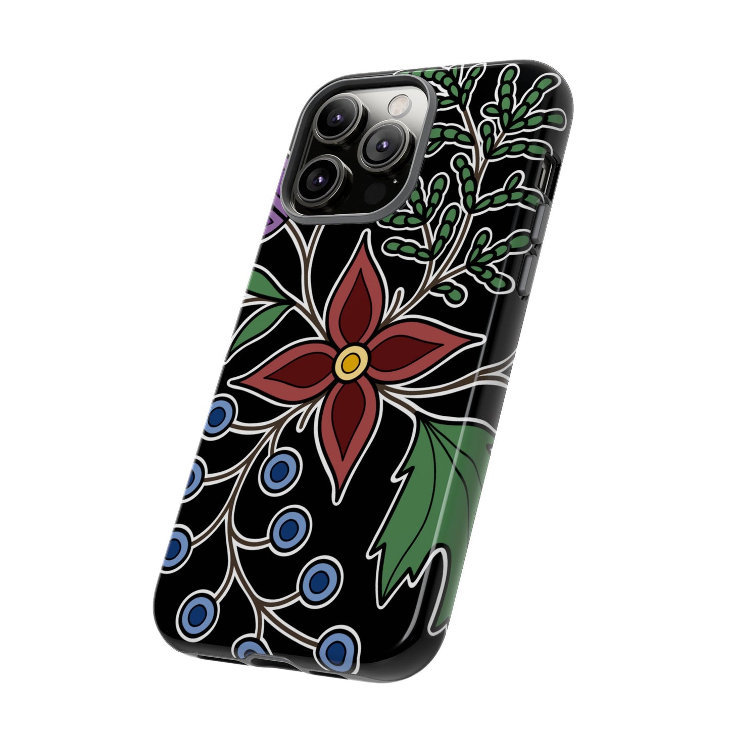 Giizhik (Cedar) & Miinan (Blueberries) Ojibwe Floral Tough Phone Cases - Black