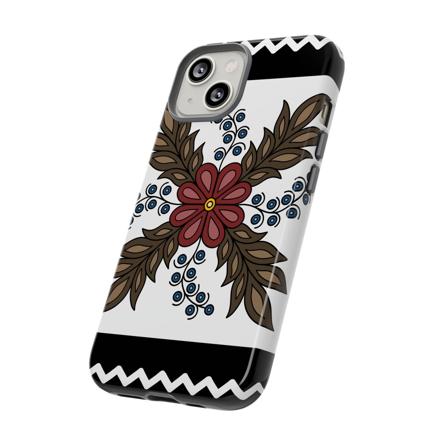 Traditional Style Ojibwe Floral Design With Zig-Zag Geometric Border Design - Tough Phone Cases - Black