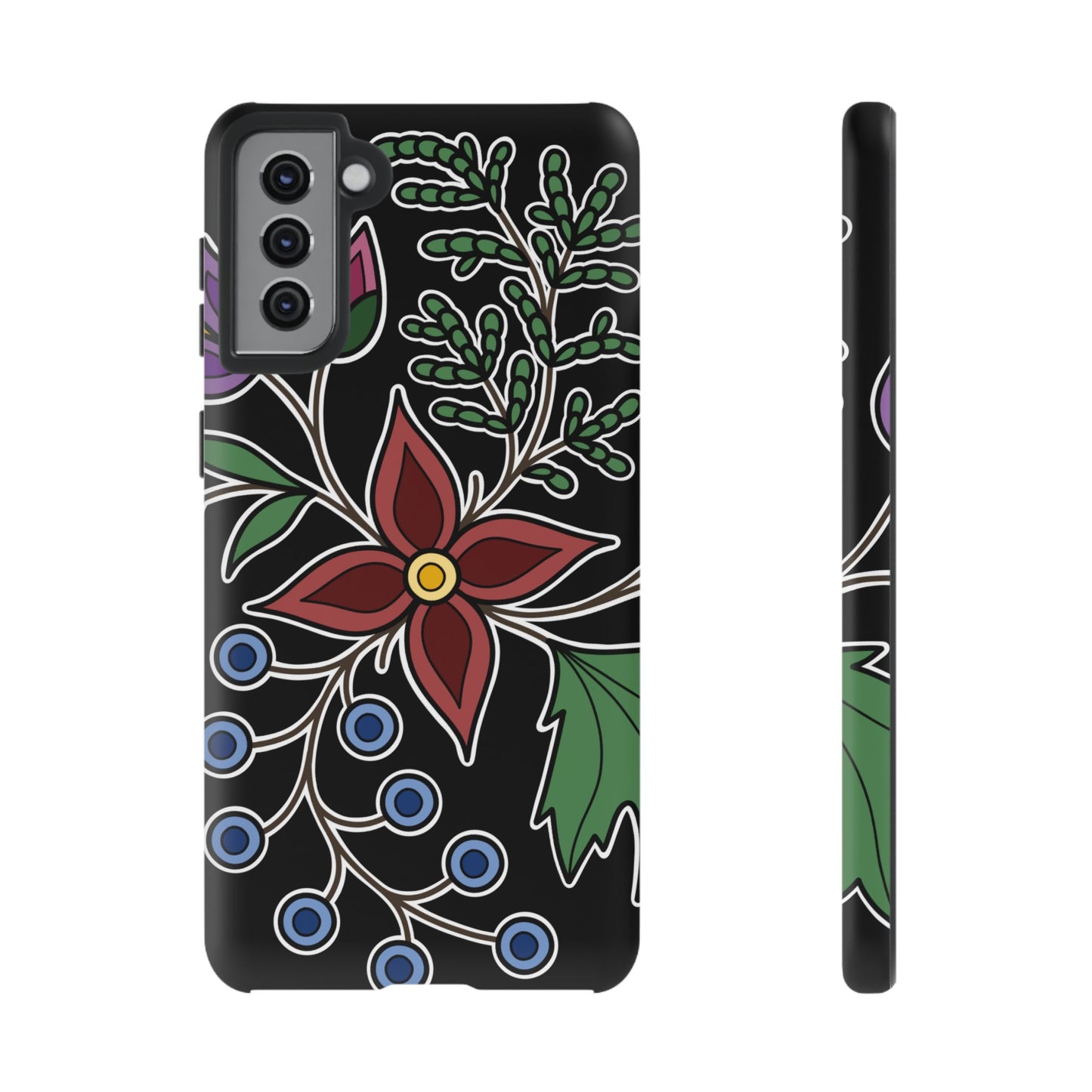 Giizhik (Cedar) & Miinan (Blueberries) Ojibwe Floral Tough Phone Cases - Black