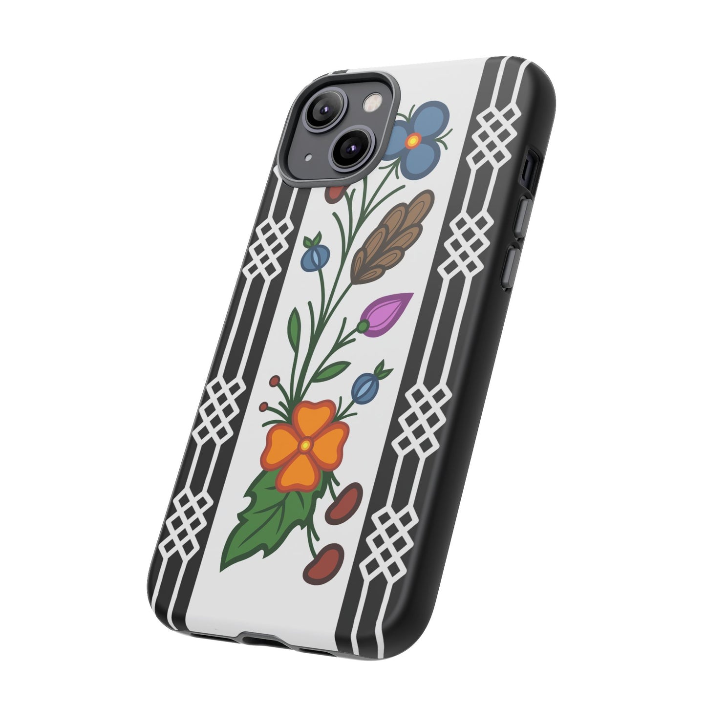 Ojibwe Floral Panel & Otter Track Geometric Border - Tough Phone Cases - Black