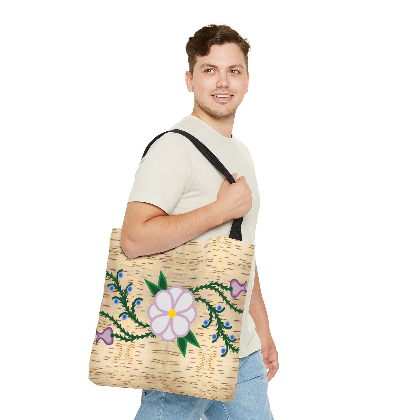 Birch Bark Print Ojibwe Floral Tote Bag