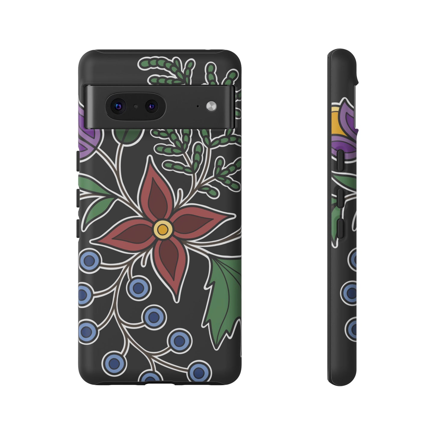 Giizhik (Cedar) & Miinan (Blueberries) Ojibwe Floral Tough Phone Cases - Black