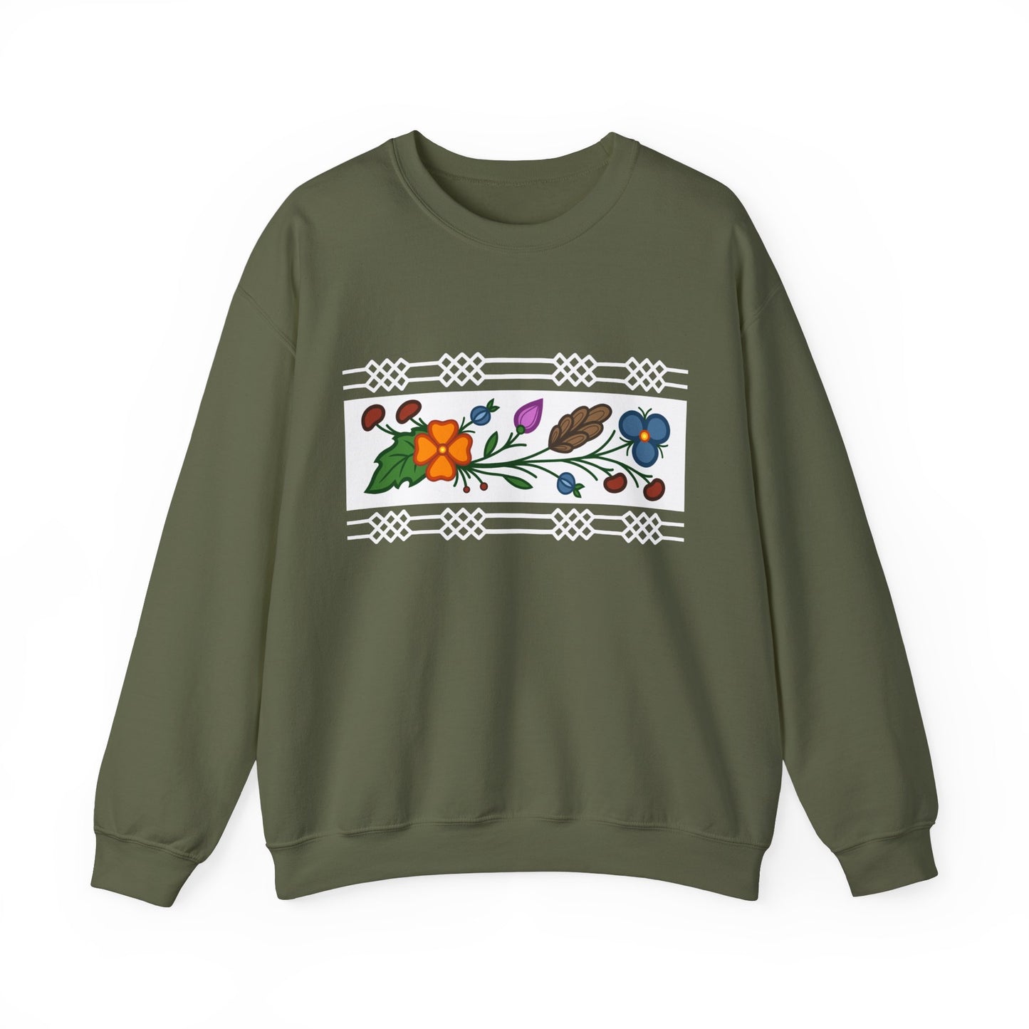 Ojibwe Floral Panel & Otter Track Border Design - Unisex Gildan Heavy Blend™ Crewneck Sweatshirt