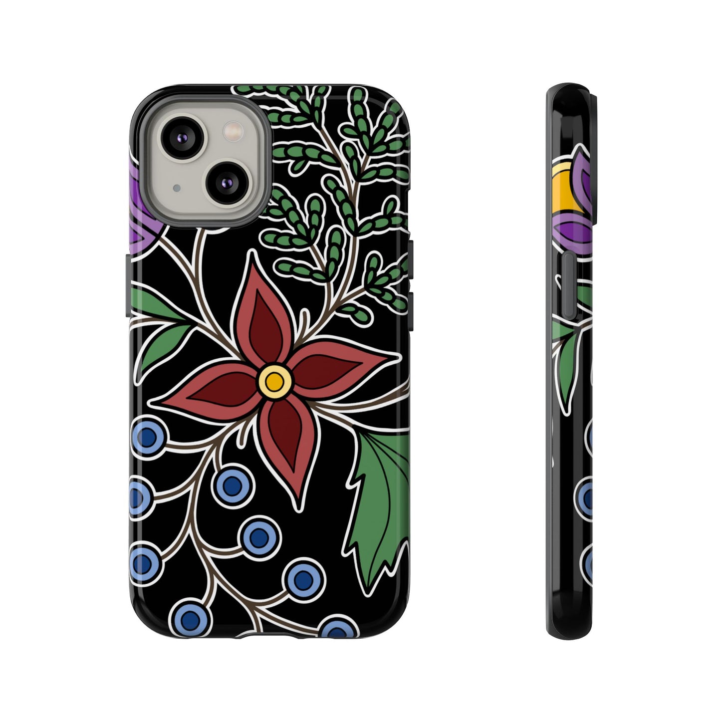 Giizhik (Cedar) & Miinan (Blueberries) Ojibwe Floral Tough Phone Cases - Black