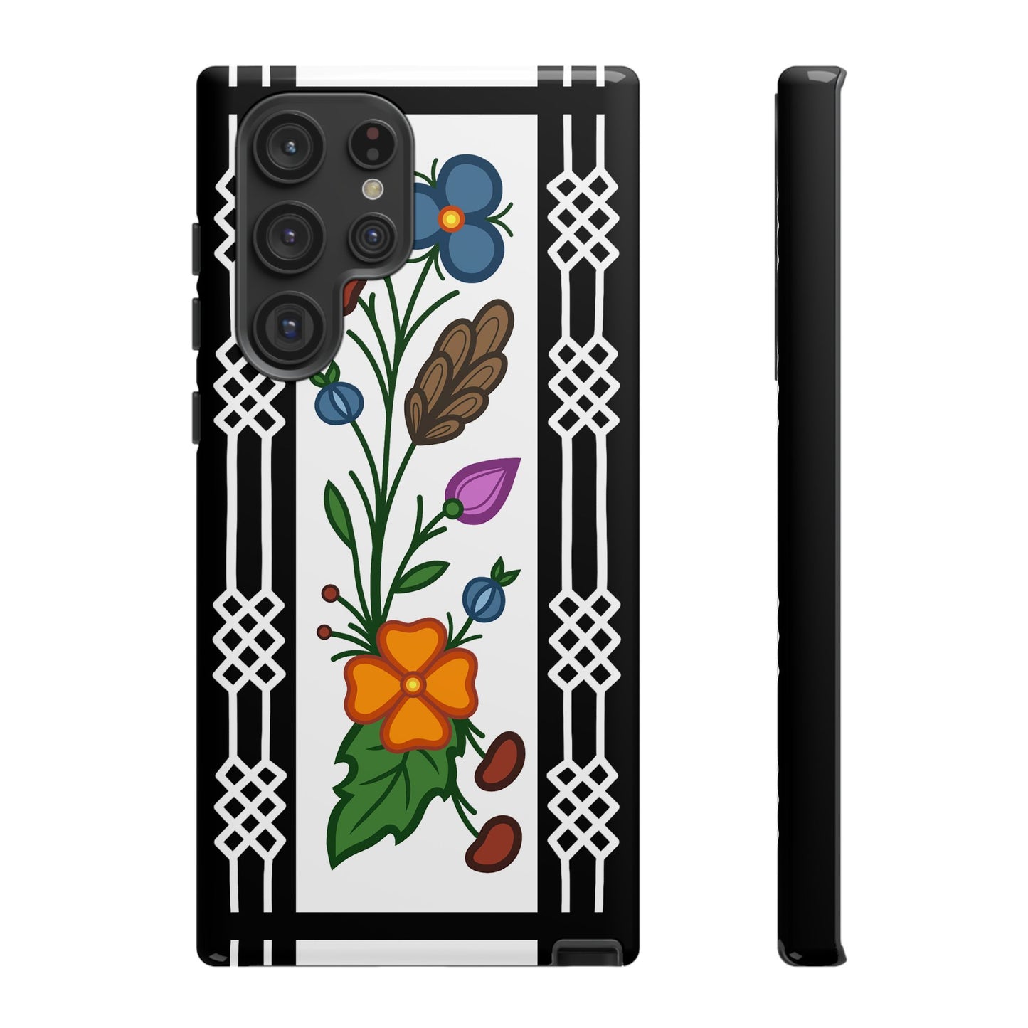 Ojibwe Floral Panel & Otter Track Geometric Border - Tough Phone Cases - Black